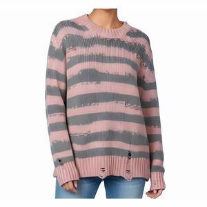 Storia Women's Striped Knit Sweater S Pink Grey Distressed Pullover